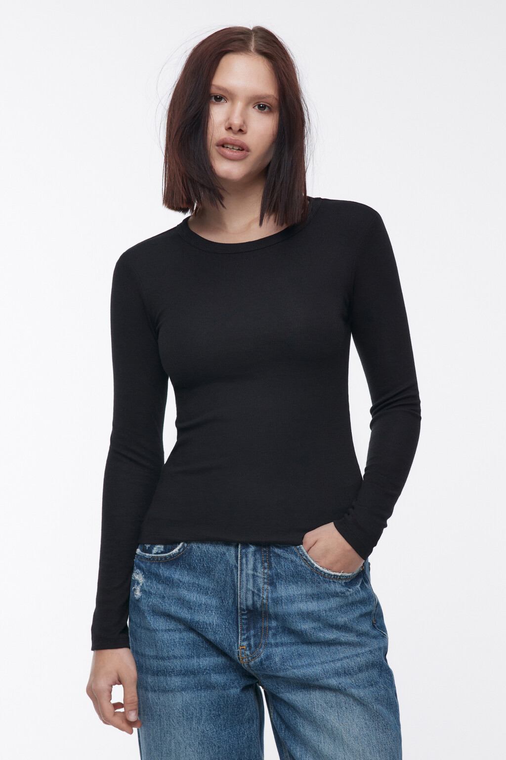 Лонгслив облегающий в рубчик - цвет черный - 3