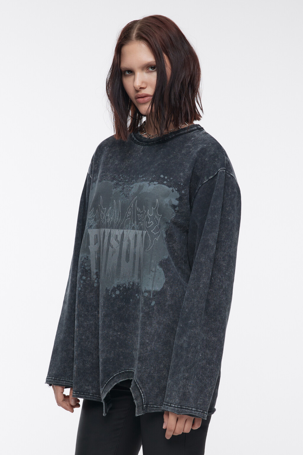 Лонгслив oversize состаренный с принтом - цвет черный - 3