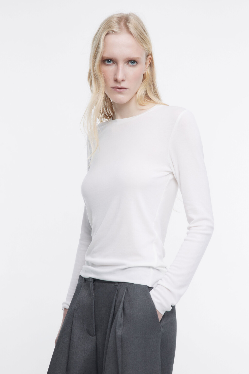 Лонгслив облегающий из тенсела и шерсти - цвет белый - 3
