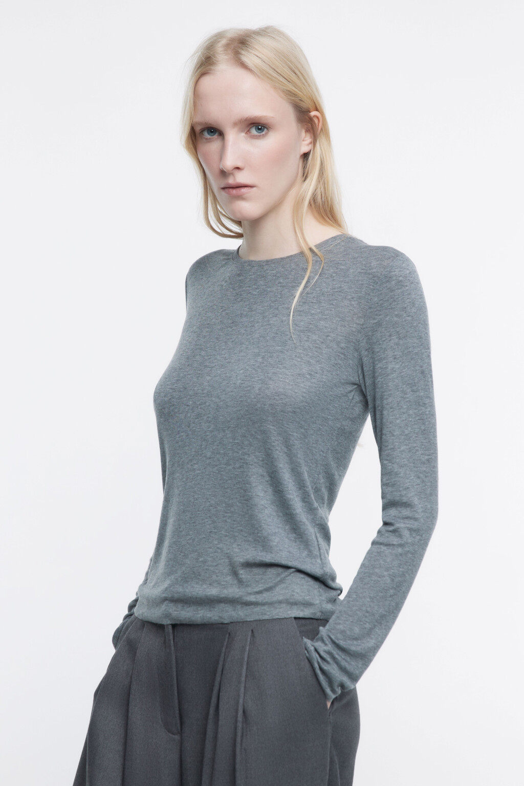 Лонгслив облегающий из тенсела и шерсти - цвет серый - 3