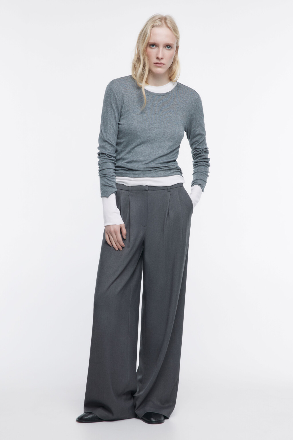 Лонгслив облегающий из тенсела и шерсти - цвет серый - 5