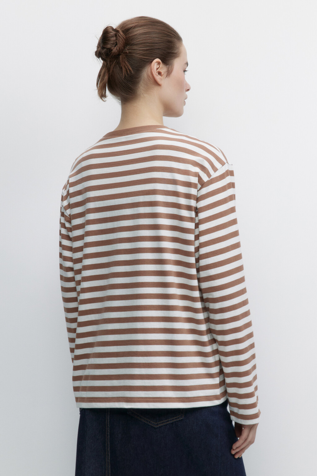 Лонгслив свободный хлопковый в полоску - цвет бежевый - 4