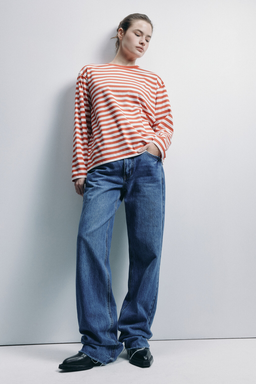 Лонгслив свободный хлопковый в полоску - цвет красный - 1