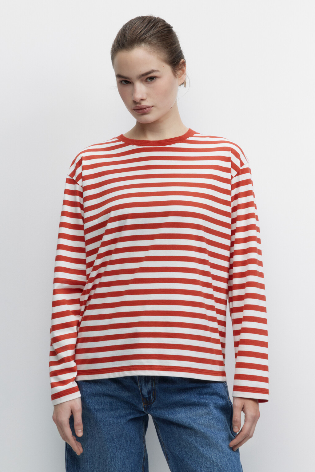 Лонгслив свободный хлопковый в полоску - цвет красный - 2