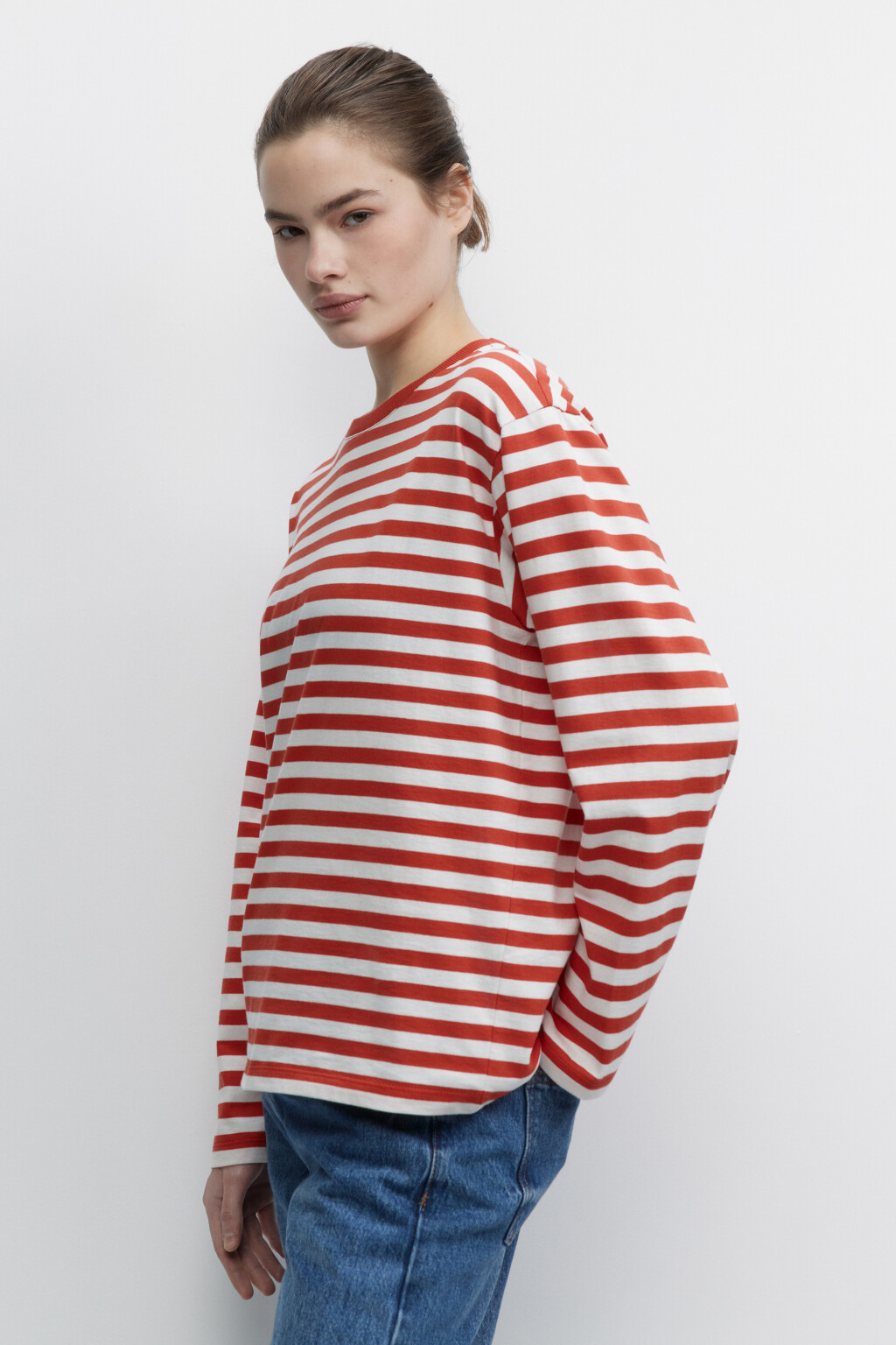 Лонгслив свободный хлопковый в полоску - цвет красный - 3