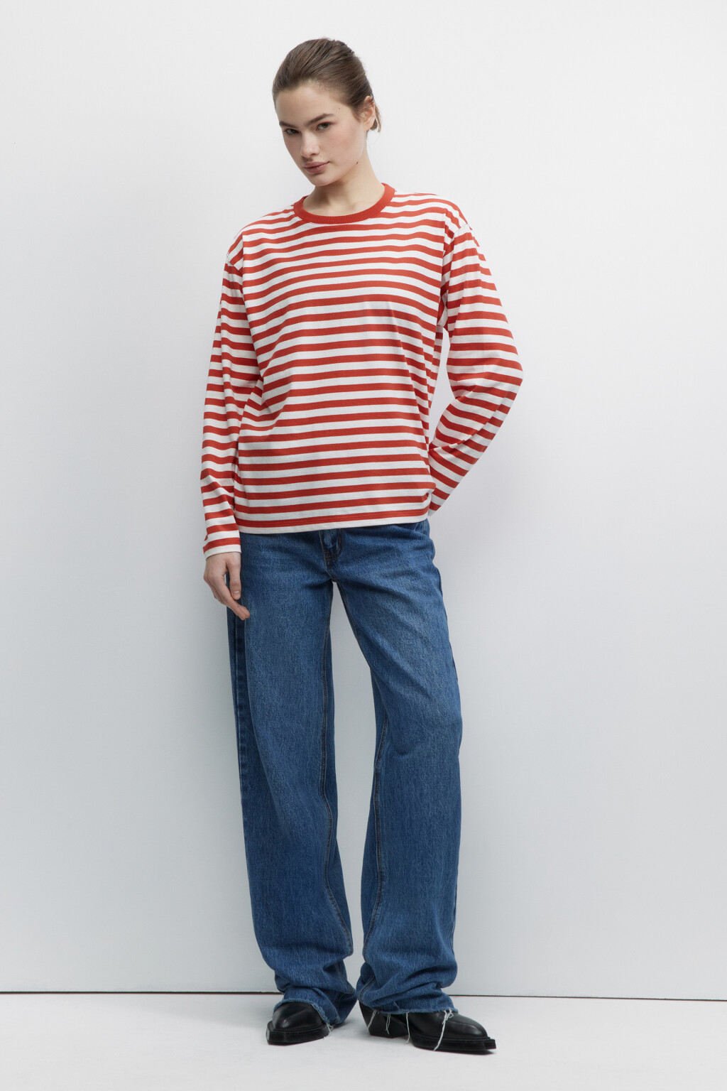 Лонгслив свободный хлопковый в полоску - цвет красный - 5