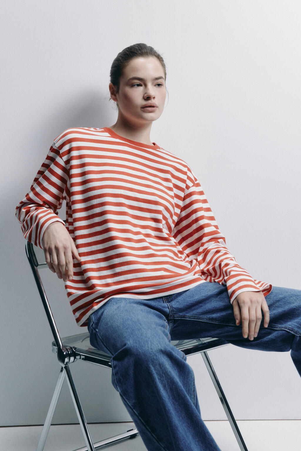 Лонгслив свободный хлопковый в полоску - цвет красный - 6