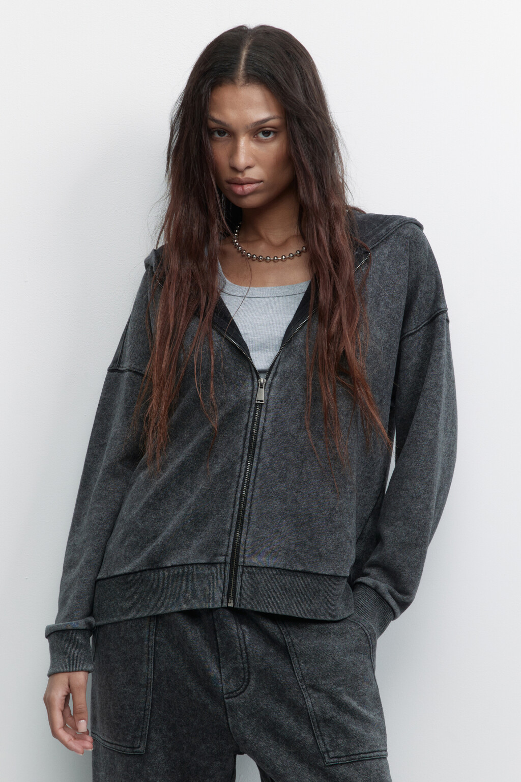 Толстовка на молнии с вареным эффектом - цвет серый - 2