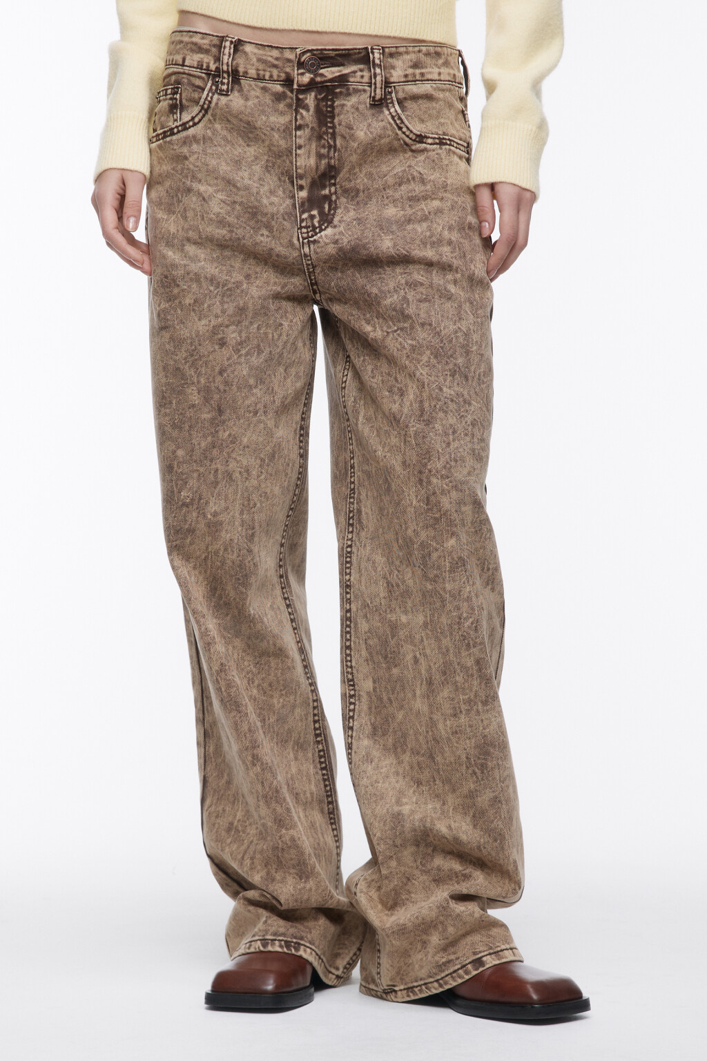 Джинсы широкие с вареным эффектом - цвет коричневый - 1