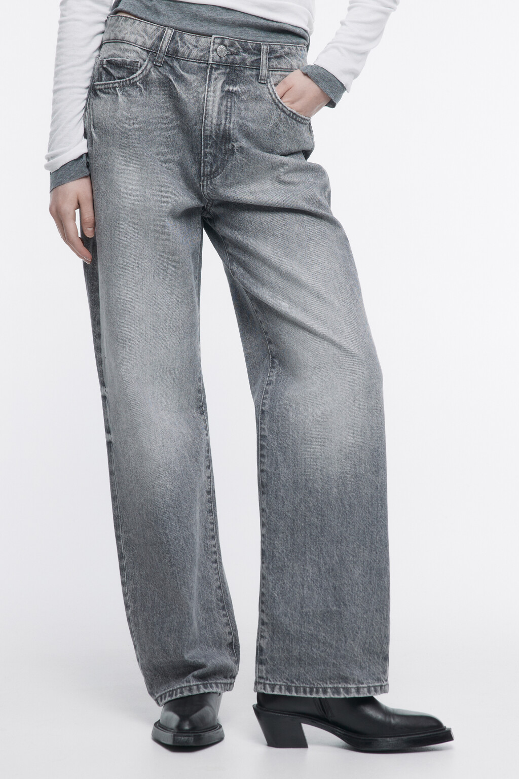 Джинсы прямые с высокой посадкой - цвет серый - 2