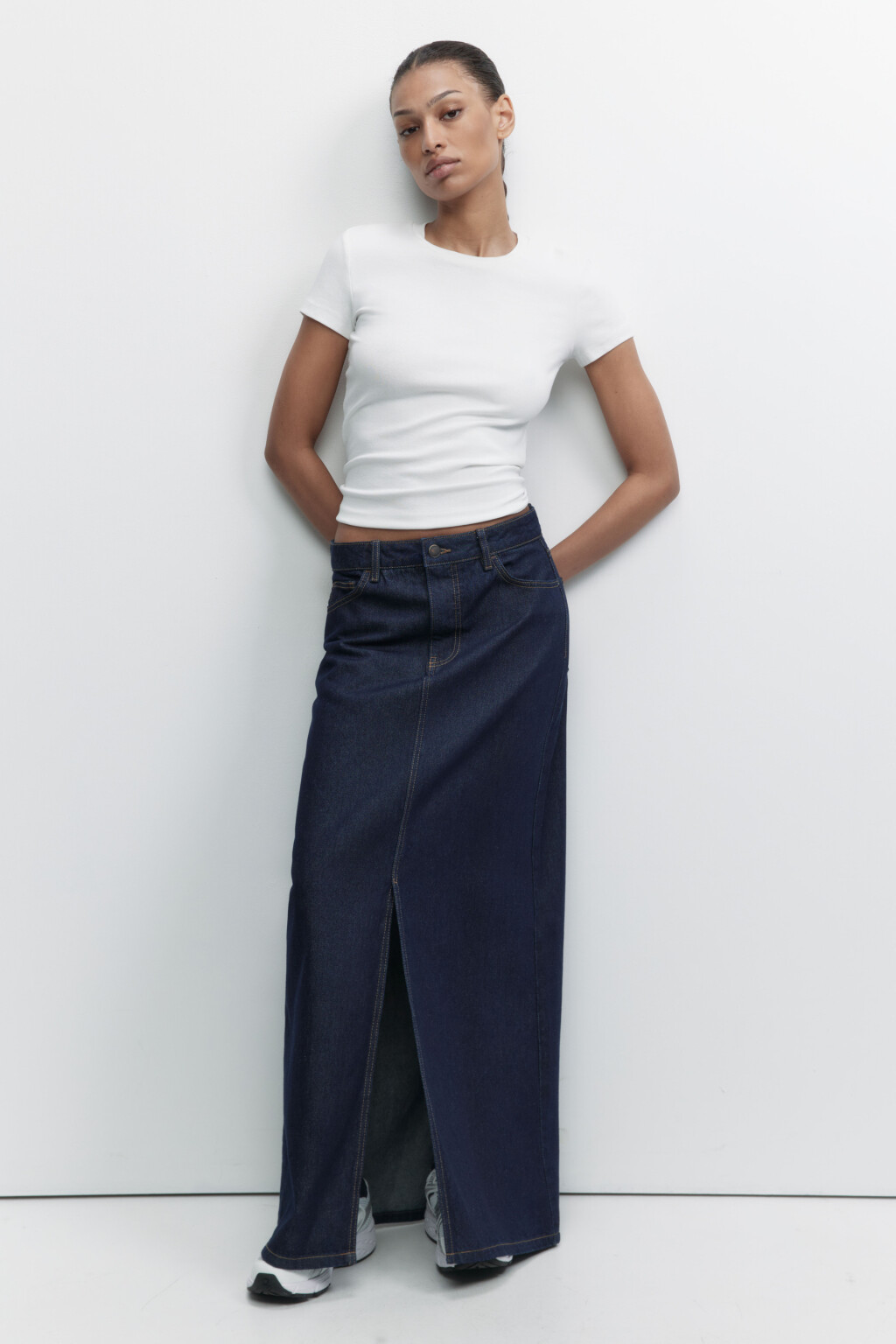 Юбка-трапеция макси джинсовая с разрезом - цвет синий - 5