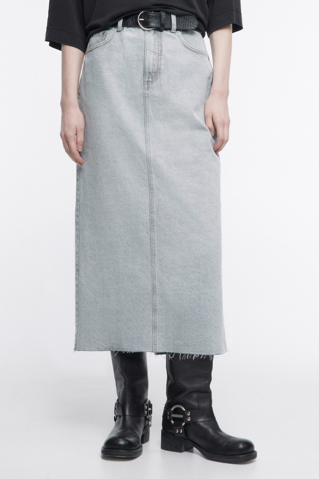 Юбка миди джинсовая прямая с ремнем - цвет серый - 2