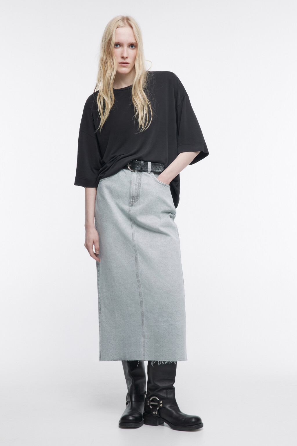 Юбка миди джинсовая прямая с ремнем - цвет серый - 5