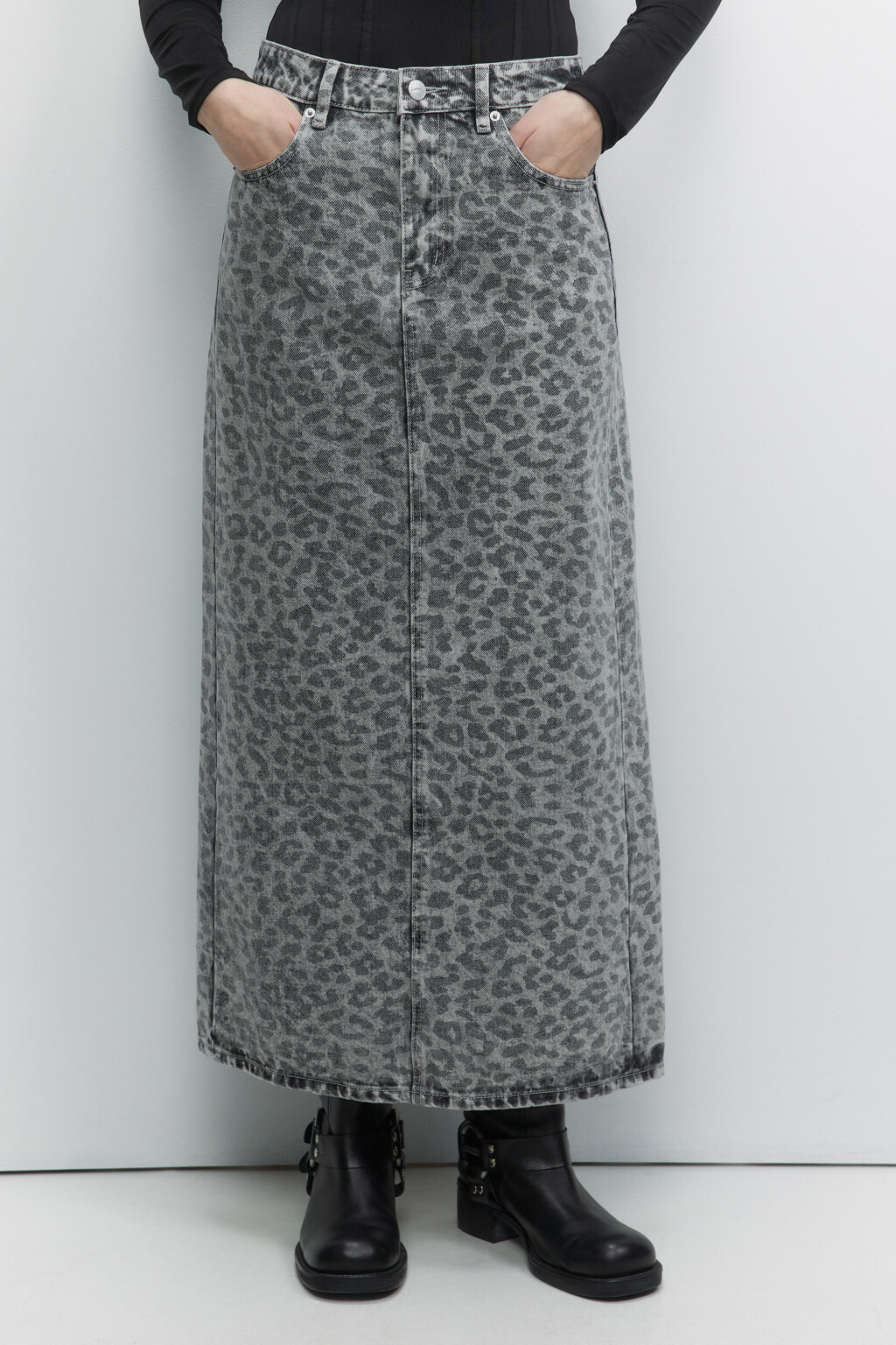 Юбка-трапеция макси джинсовая с принтом - цвет серый - 2