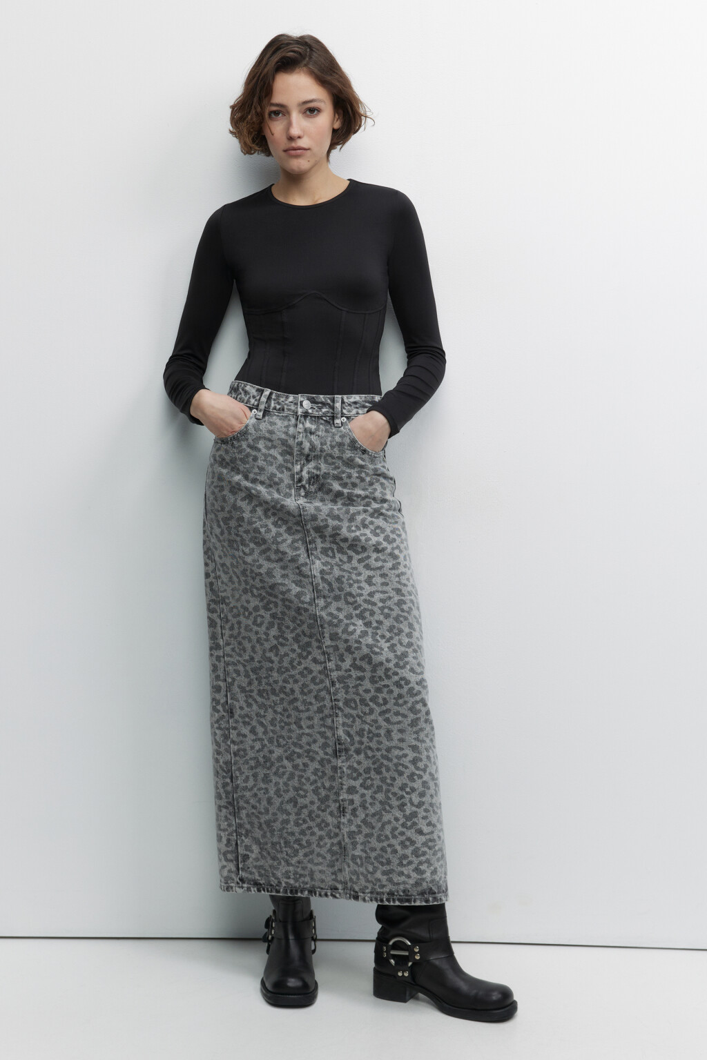 Юбка-трапеция макси джинсовая с принтом - цвет серый - 5