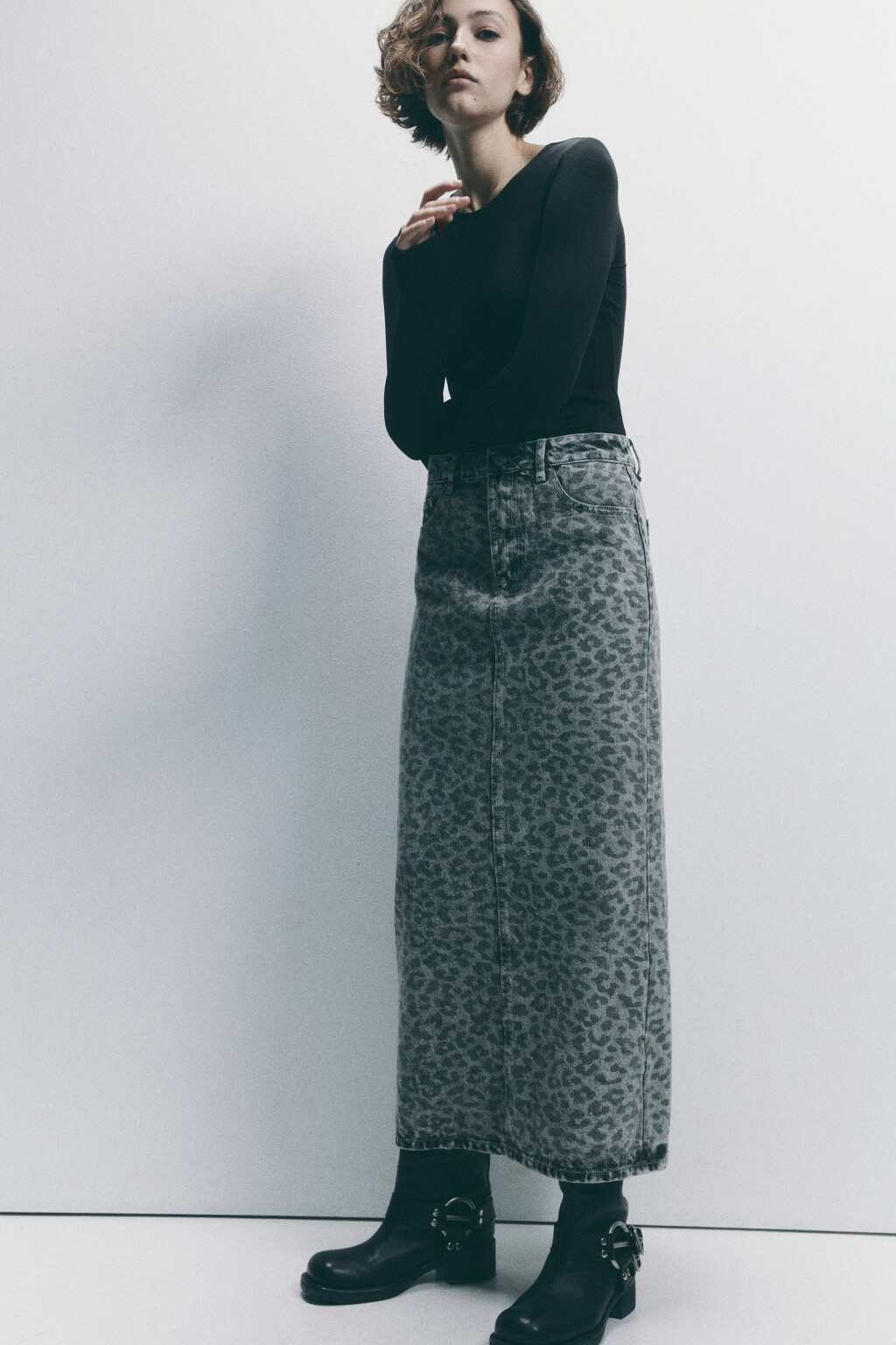 Юбка-трапеция макси джинсовая с принтом - цвет серый - 6