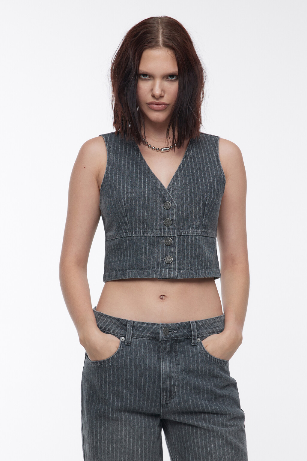 Жилет джинсовый укороченный в полоску - цвет синий - 2