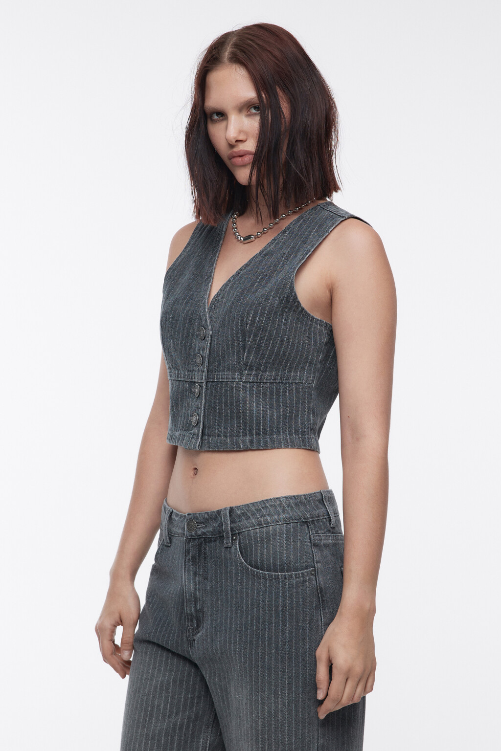 Жилет джинсовый укороченный в полоску - цвет синий - 3