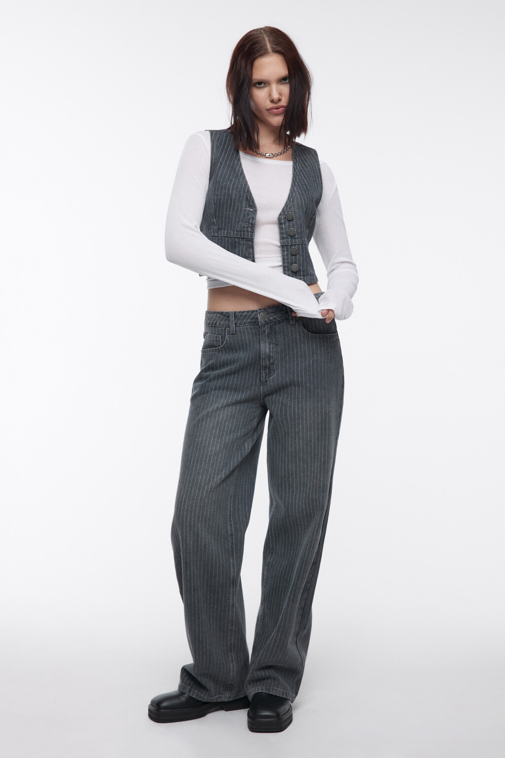 Жилет джинсовый укороченный в полоску - цвет синий - 5