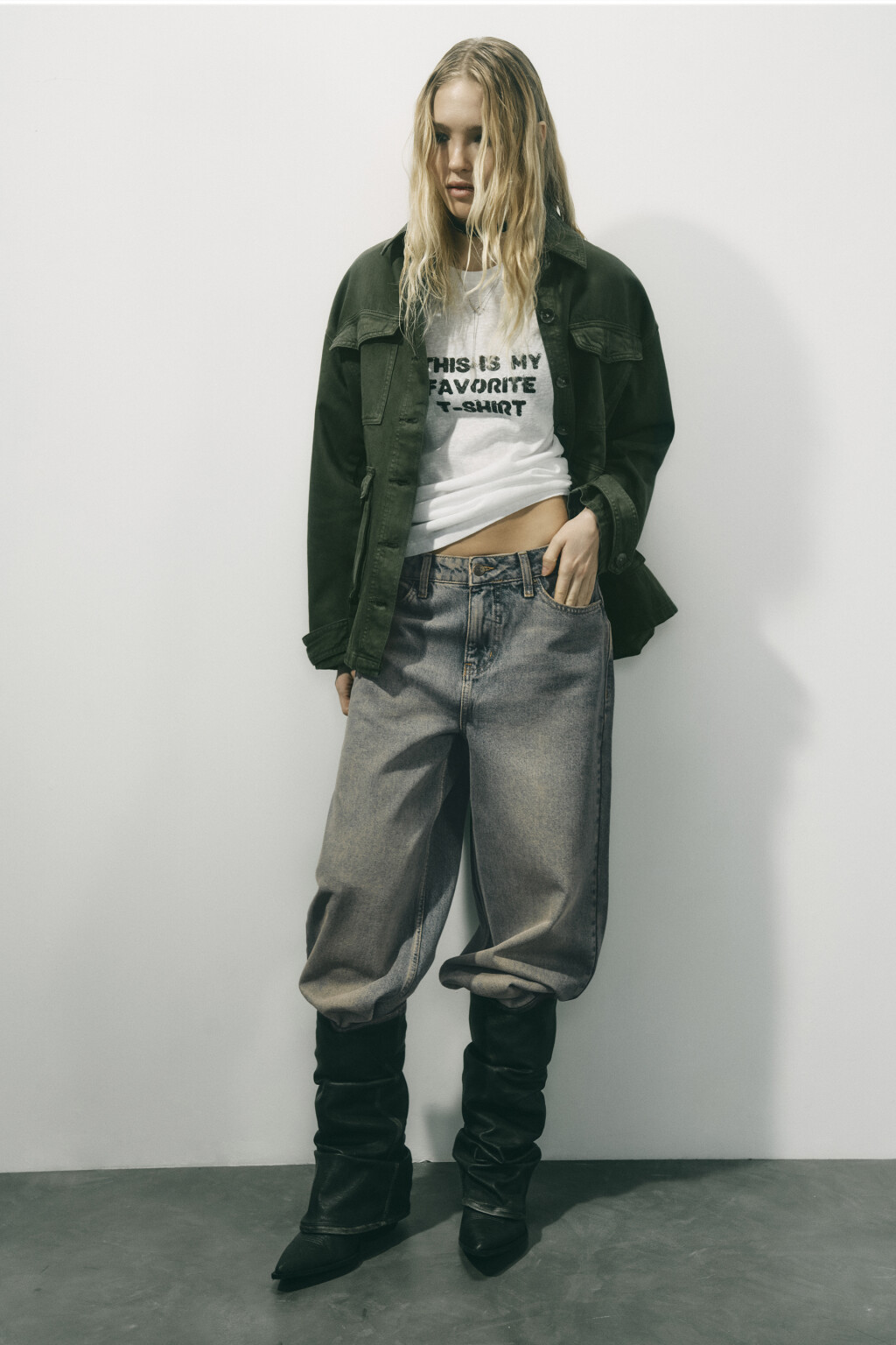 Рубашка oversize джинсовая с накладными карманами - цвет зеленый - 3