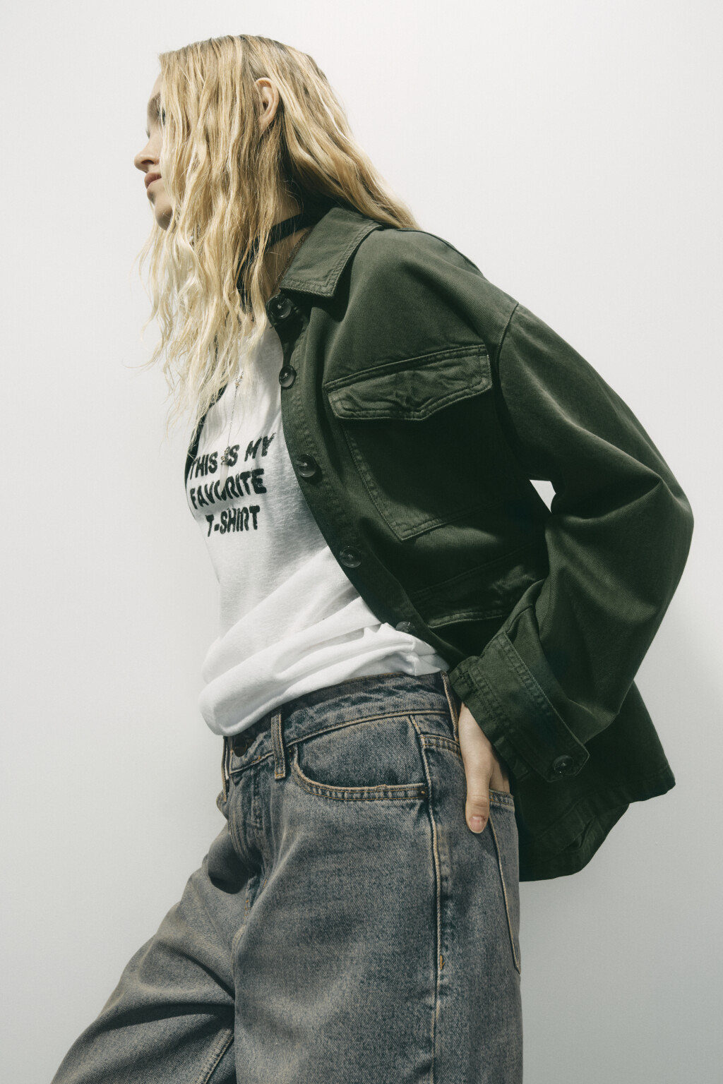 Рубашка oversize джинсовая с накладными карманами - цвет зеленый - 1