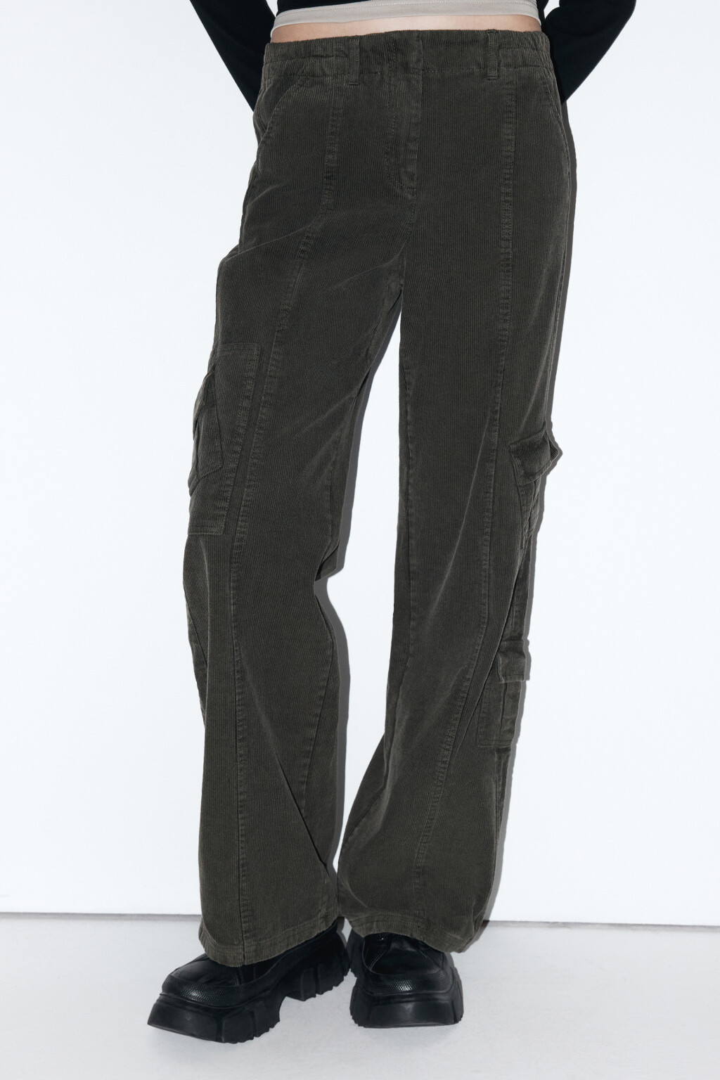Брюки-карго широкие вельветовые - цвет зеленый - 3