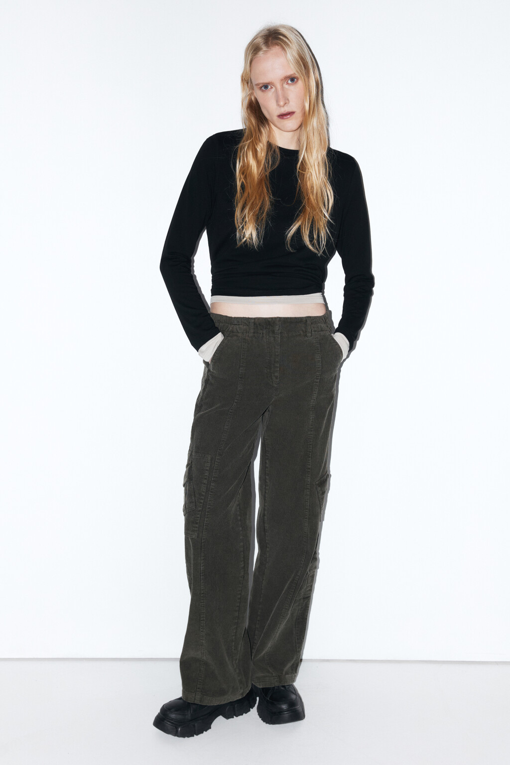 Брюки-карго широкие вельветовые - цвет зеленый - 5