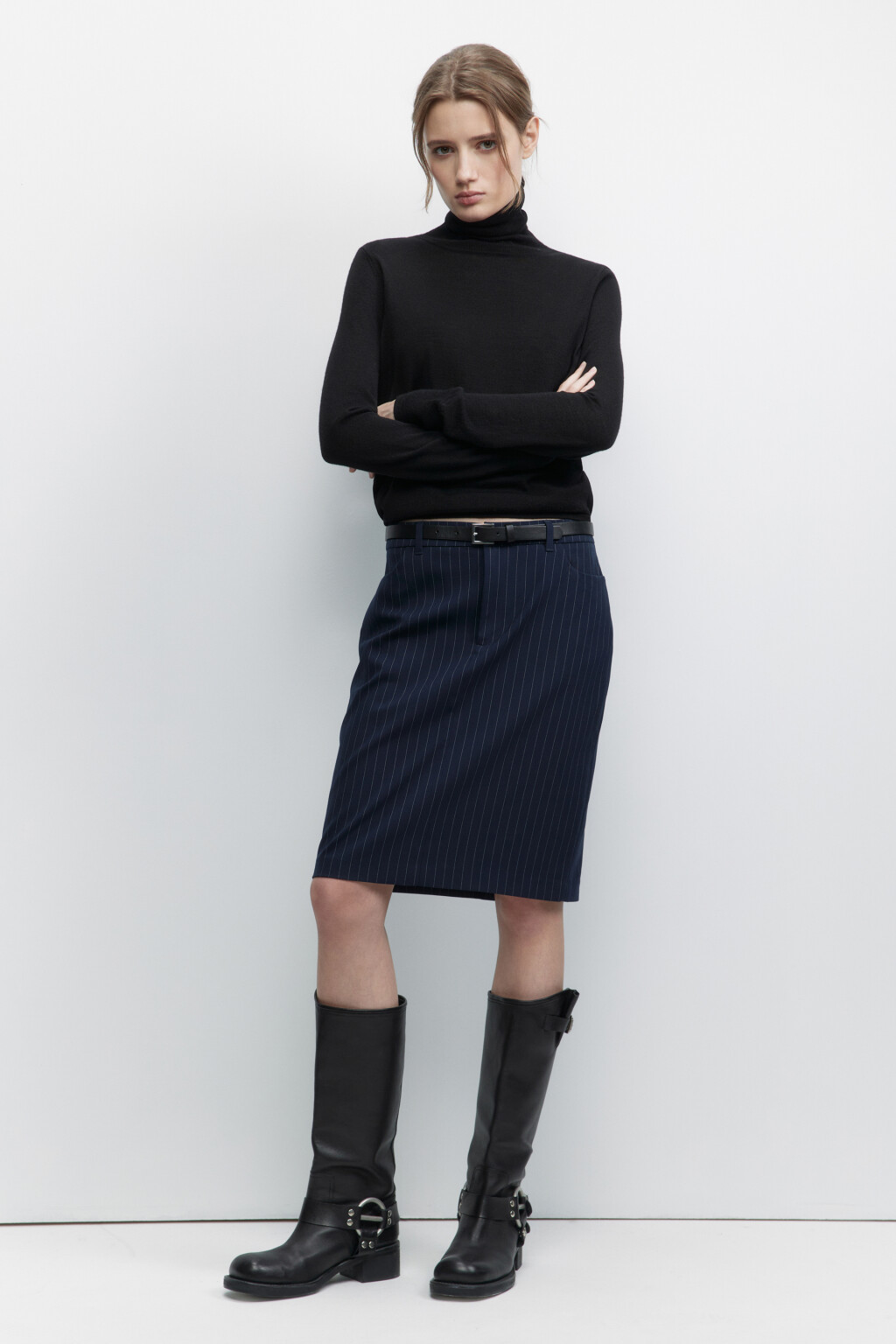 Юбка-карандаш миди с разрезом и ремнем - цвет синий - 5