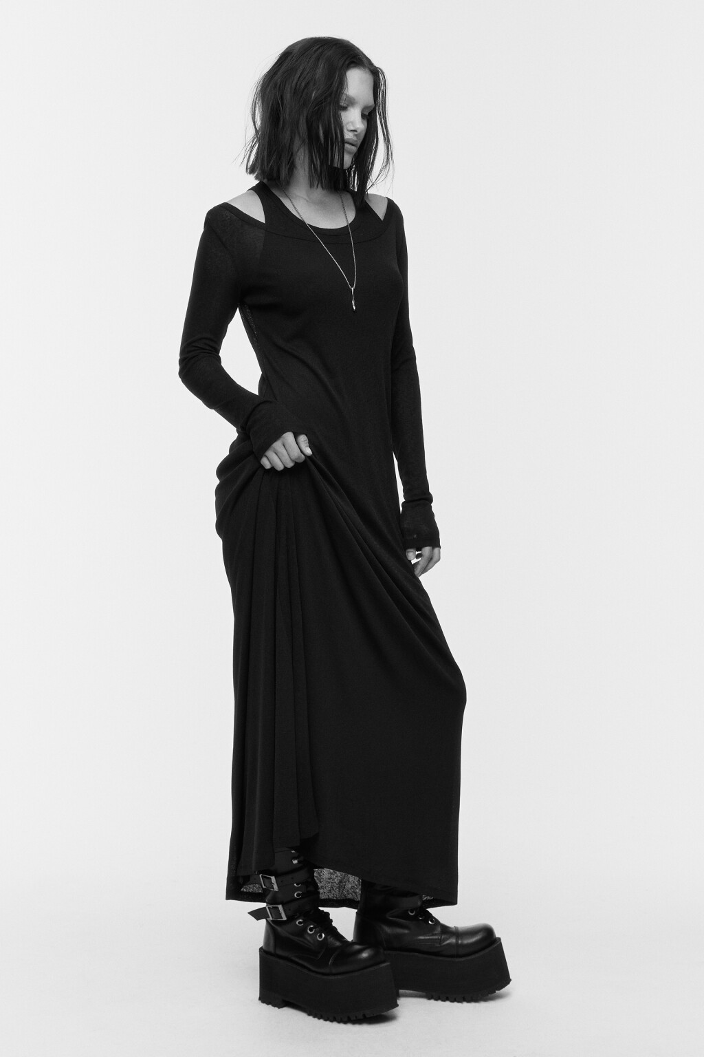 Платье макси трикотажное со съемной майкой - цвет черный - 1