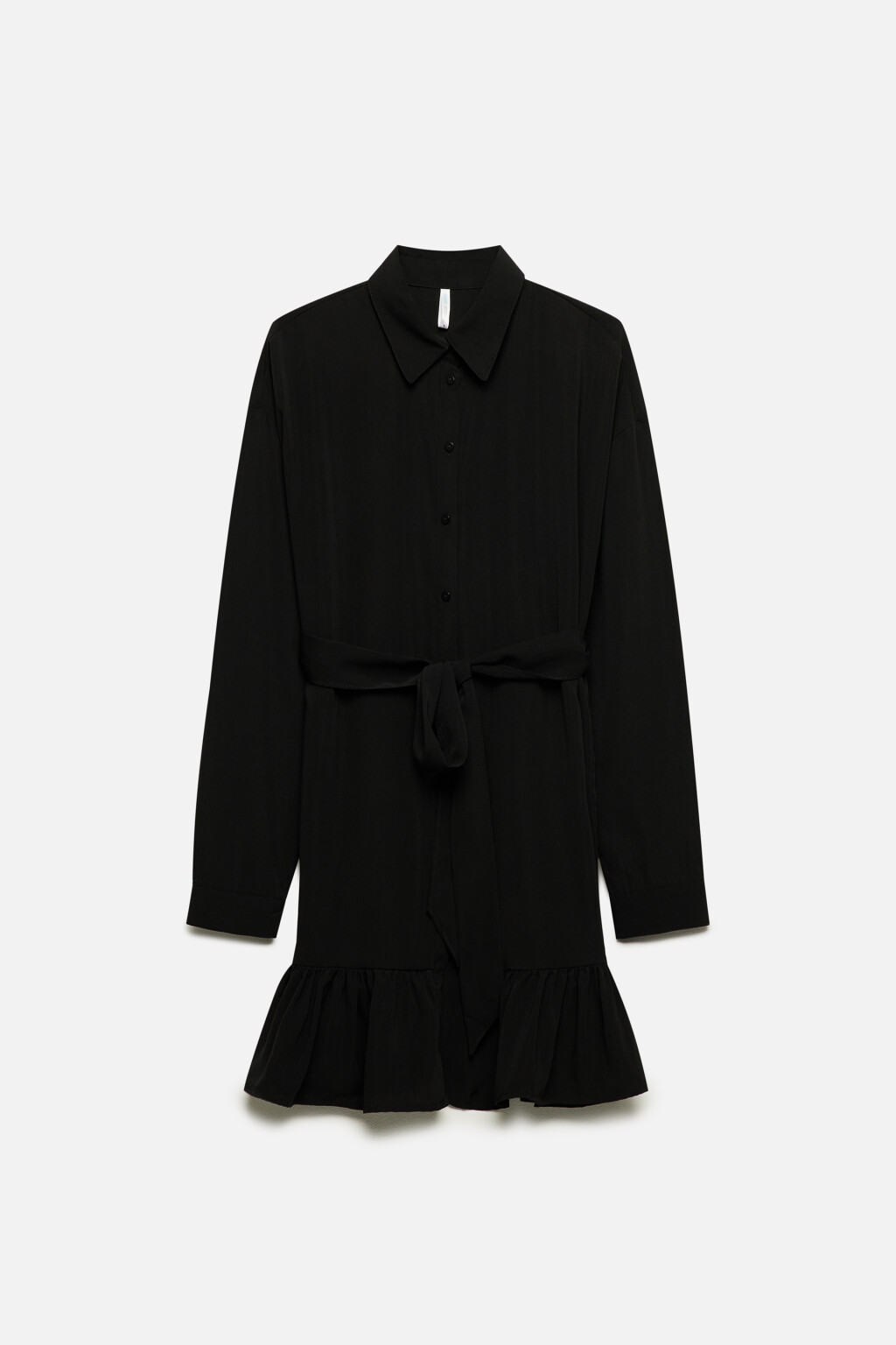 Платье-рубашка мини с воланом и поясом - цвет черный - 8
