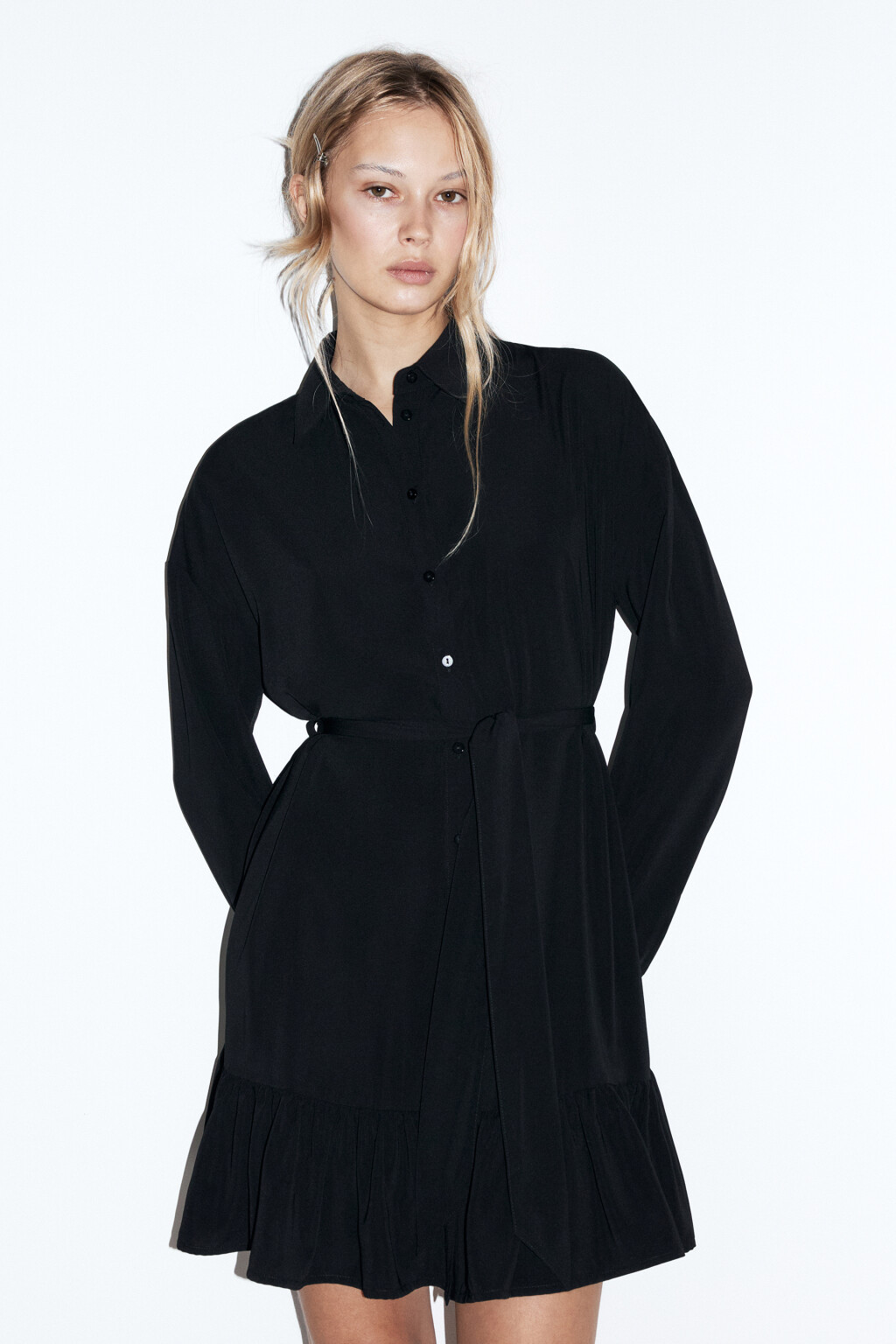 Платье-рубашка мини с воланом и поясом - цвет черный - 3