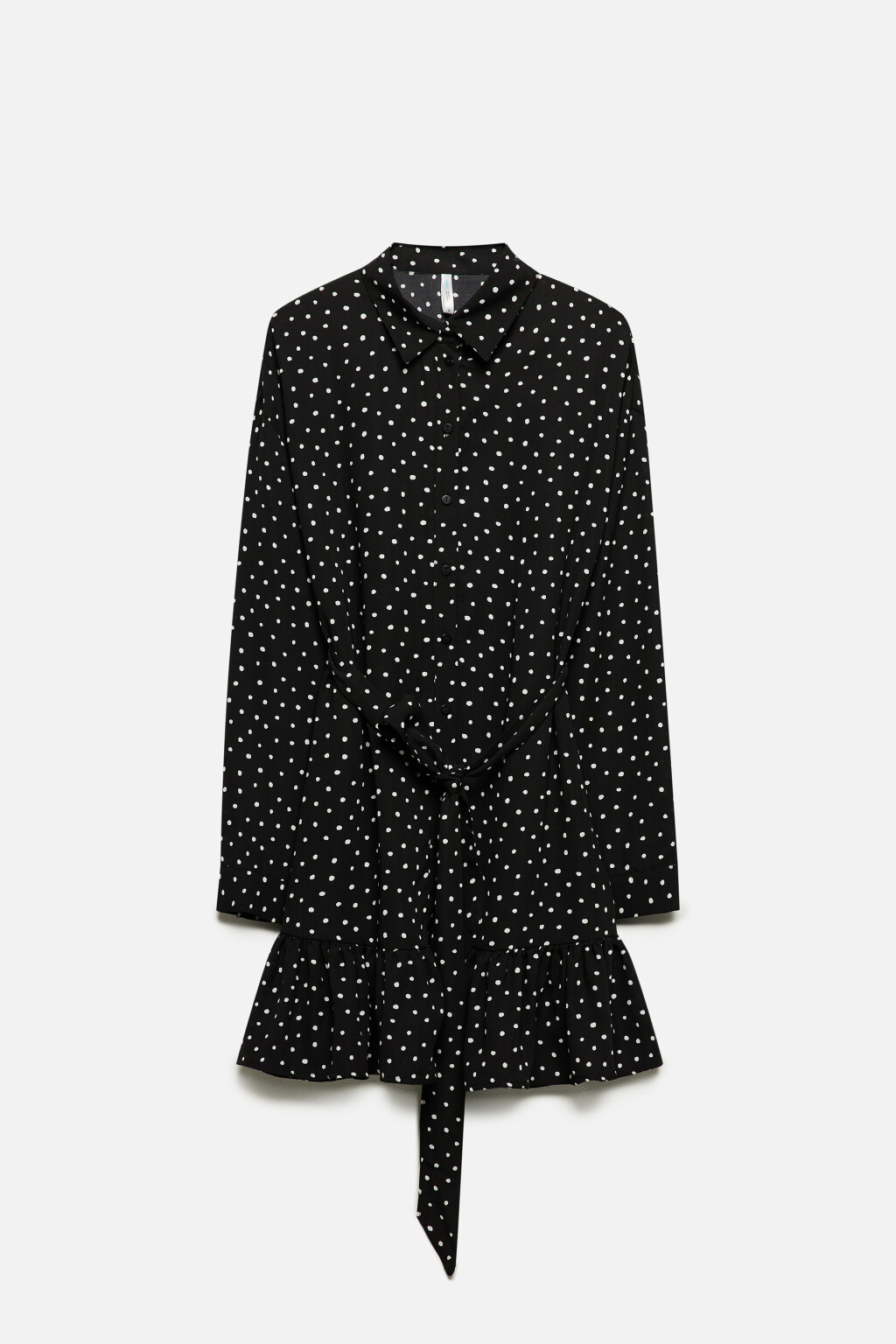 Платье-рубашка мини с воланом и поясом - цвет черный - 8