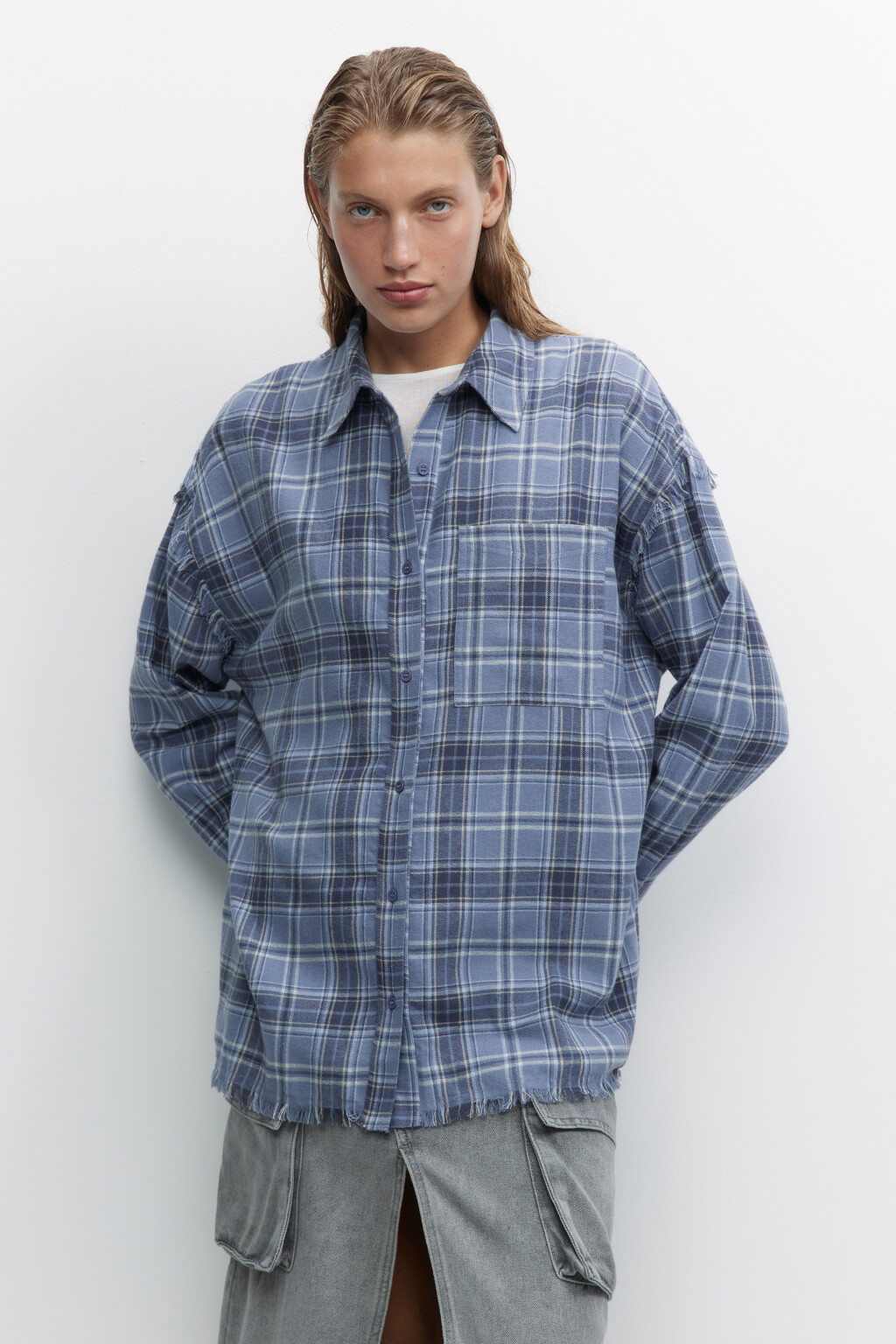 Рубашка oversize хлопковая в клетку - цвет синий - 4