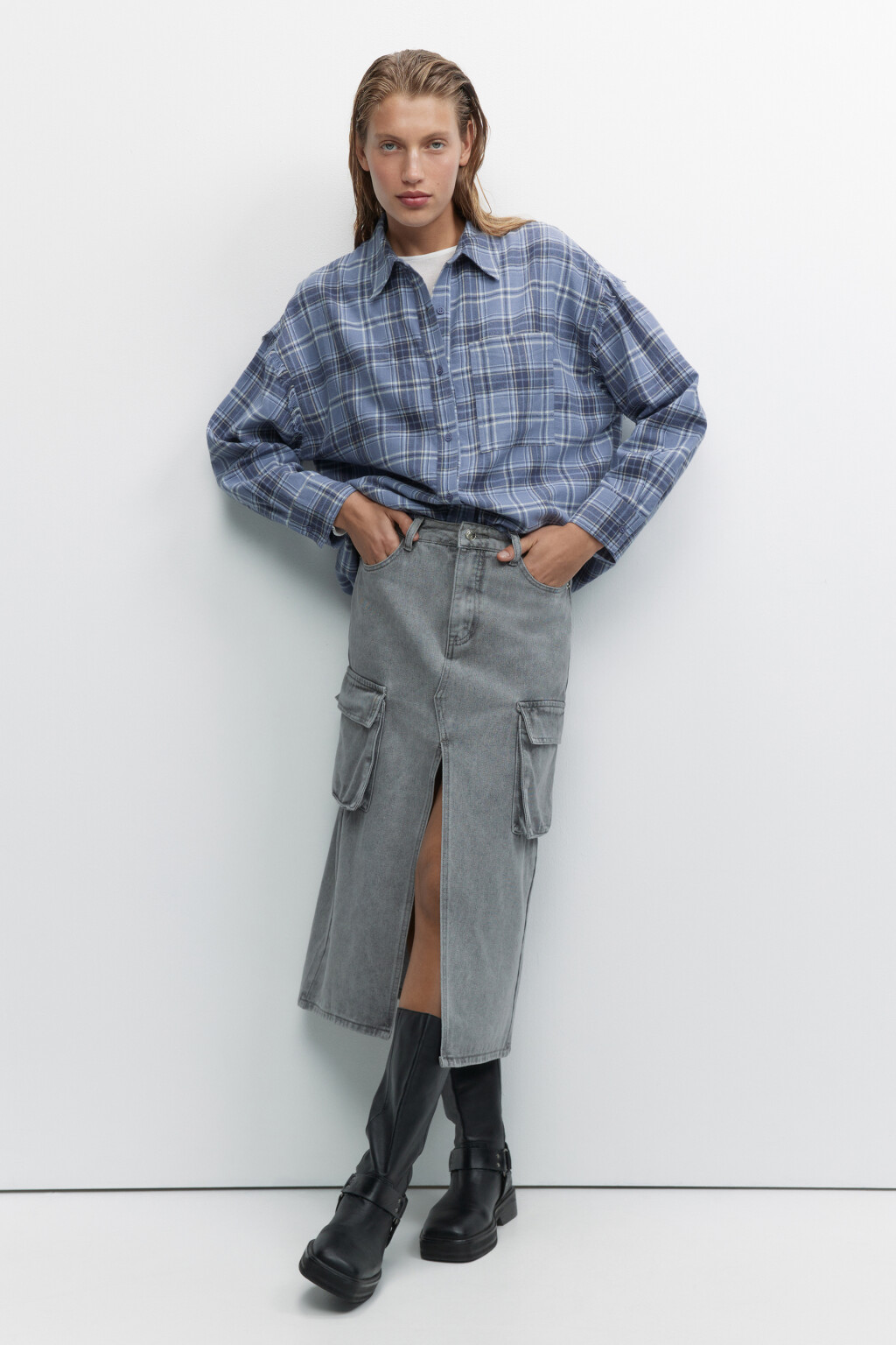 Рубашка oversize хлопковая в клетку - цвет синий - 7