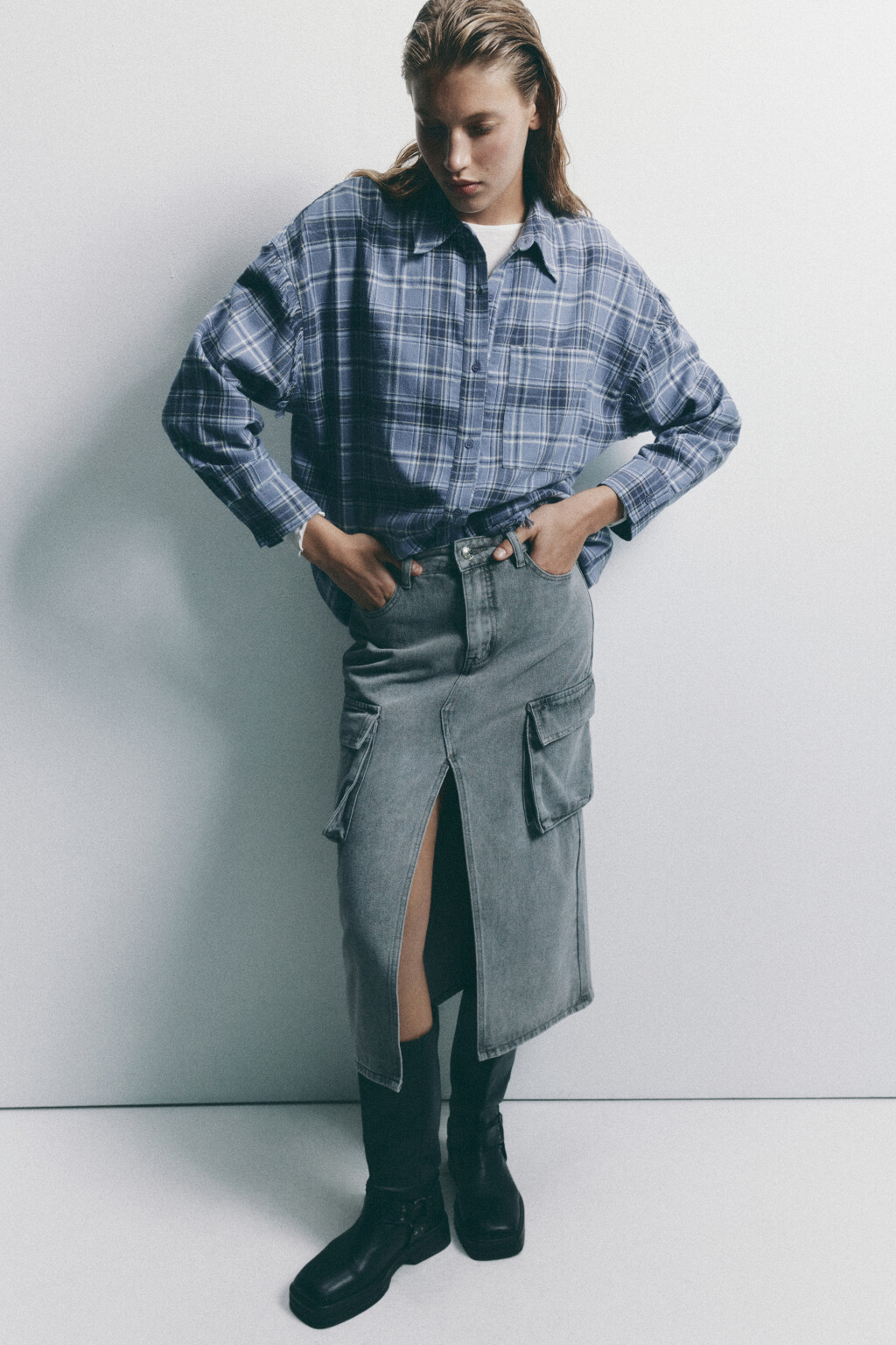 Рубашка oversize хлопковая в клетку - цвет синий - 3
