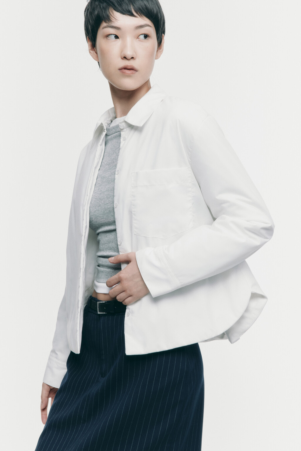 Блузка-рубашка прямая с утеплением - цвет белый - 1