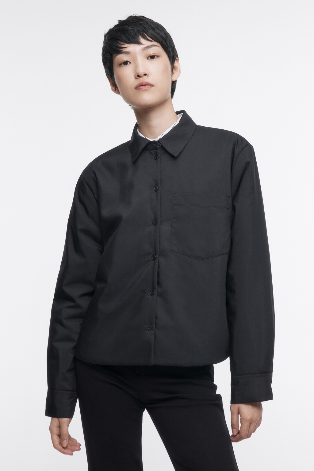 Блузка-рубашка прямая с утеплением - цвет черный - 2