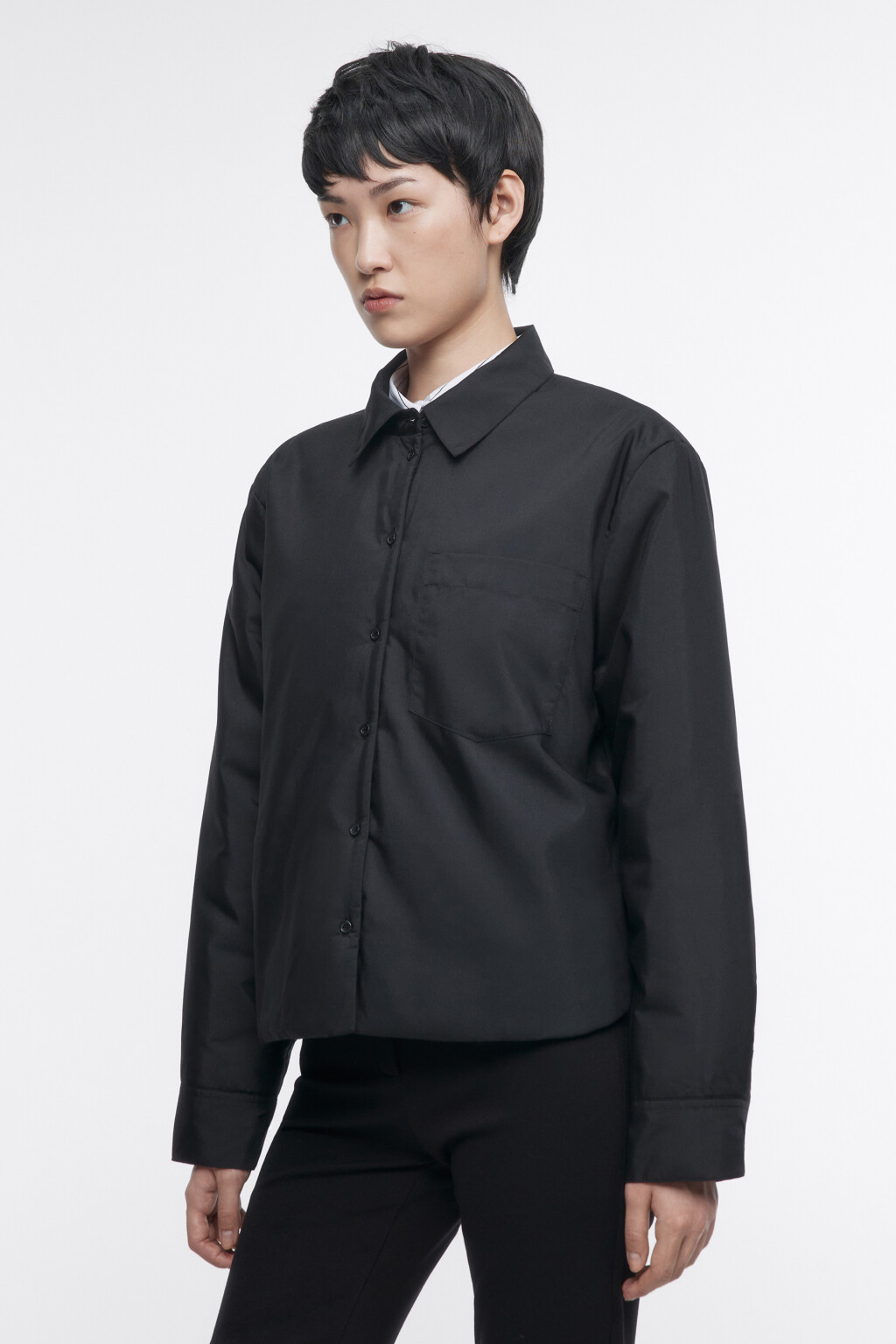 Блузка-рубашка прямая с утеплением - цвет черный - 3