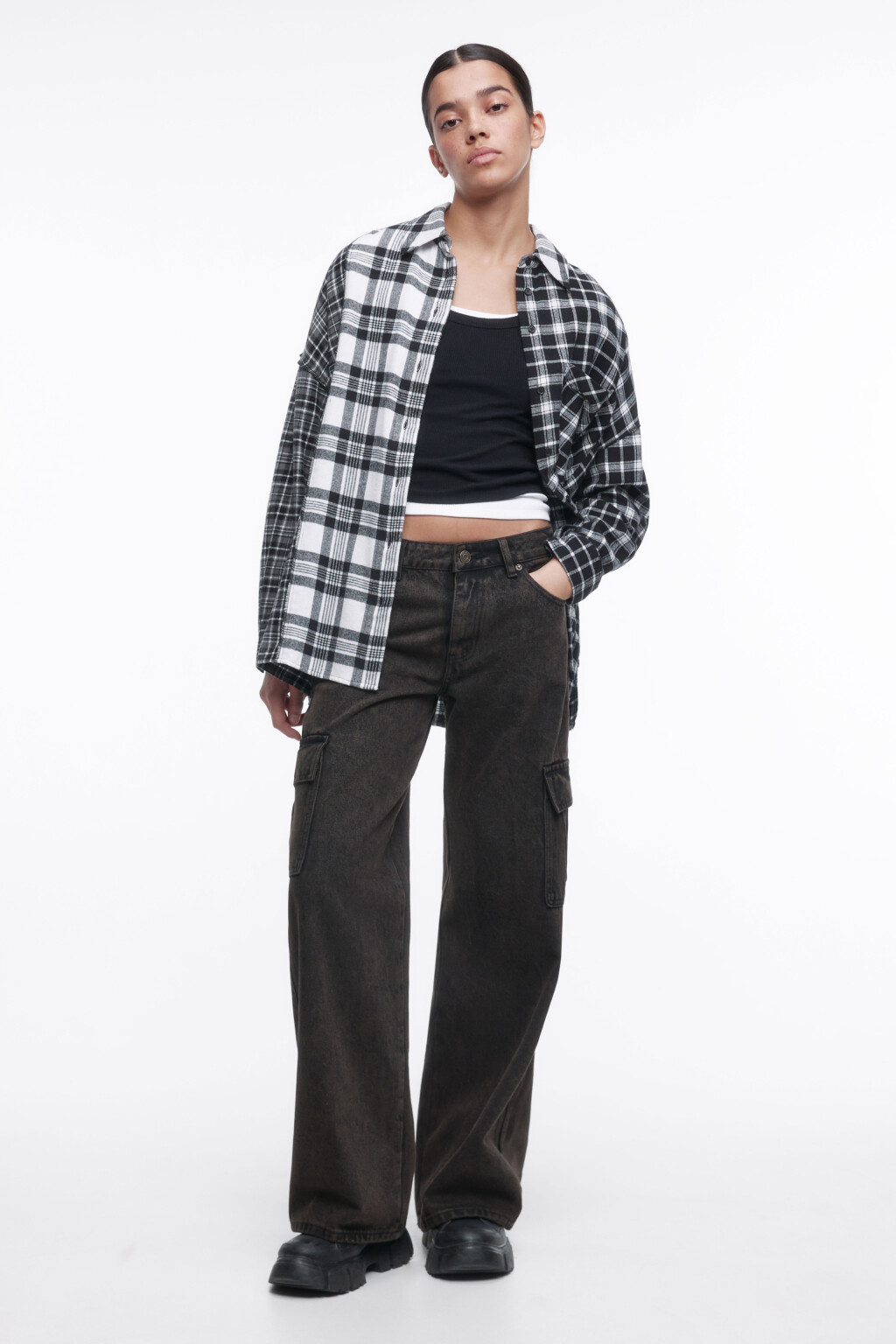 Рубашка oversize клетчатая в стиле пэчворк - цвет черный - 1