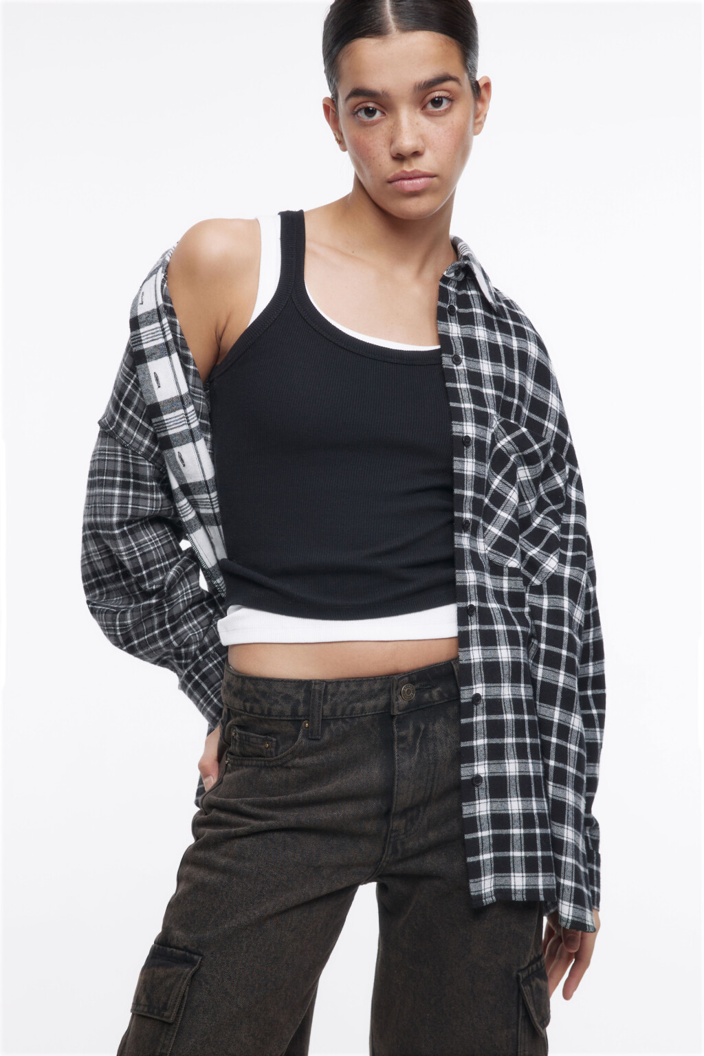 Рубашка oversize клетчатая в стиле пэчворк - цвет черный - 2