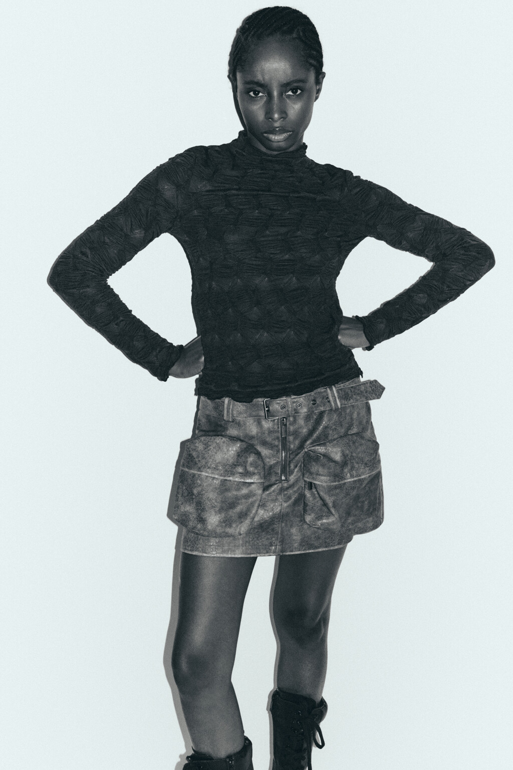 Лонгслив облегающий с жатой фактурой - цвет серый - 1