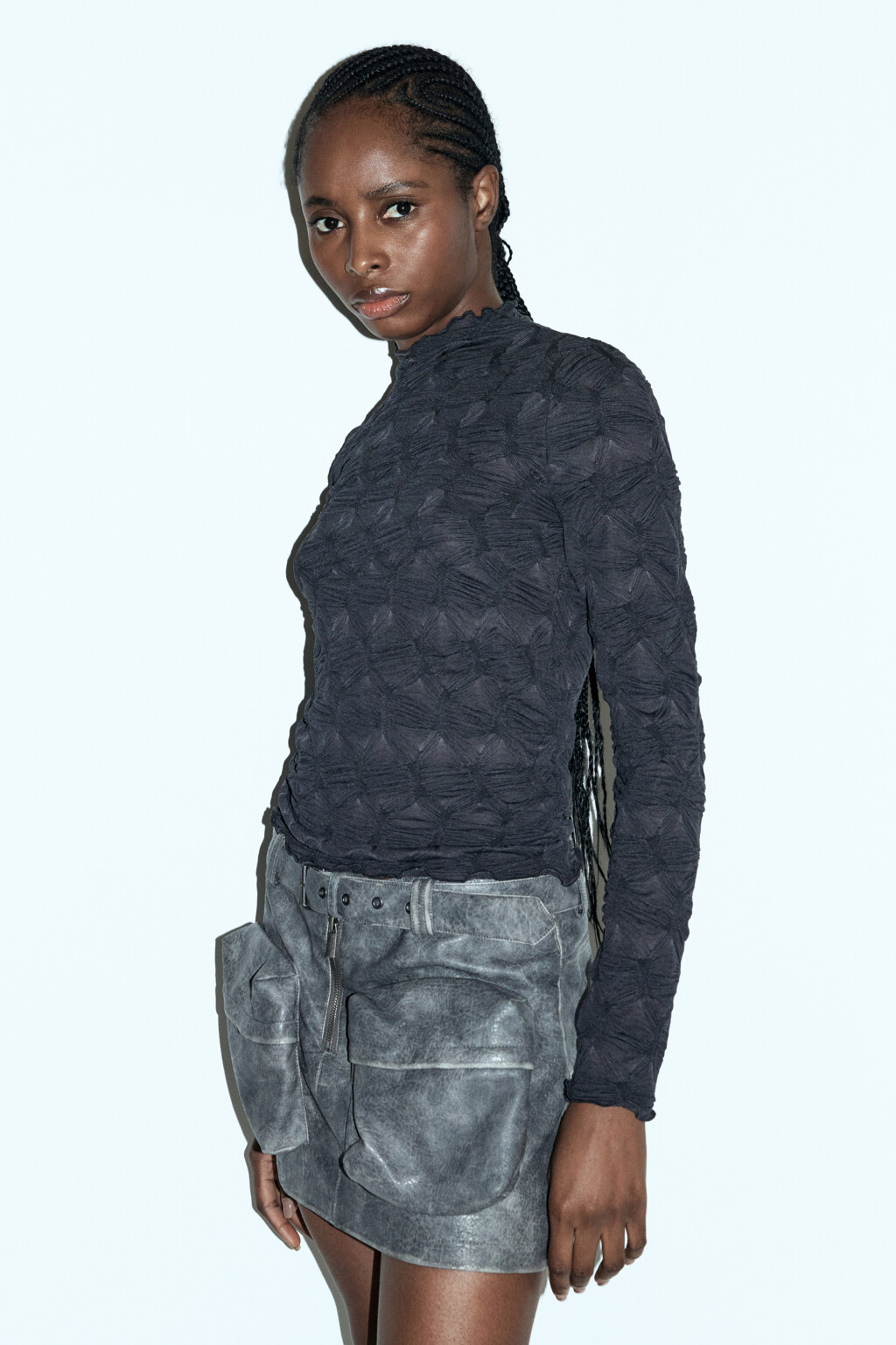 Лонгслив облегающий с жатой фактурой - цвет серый - 3