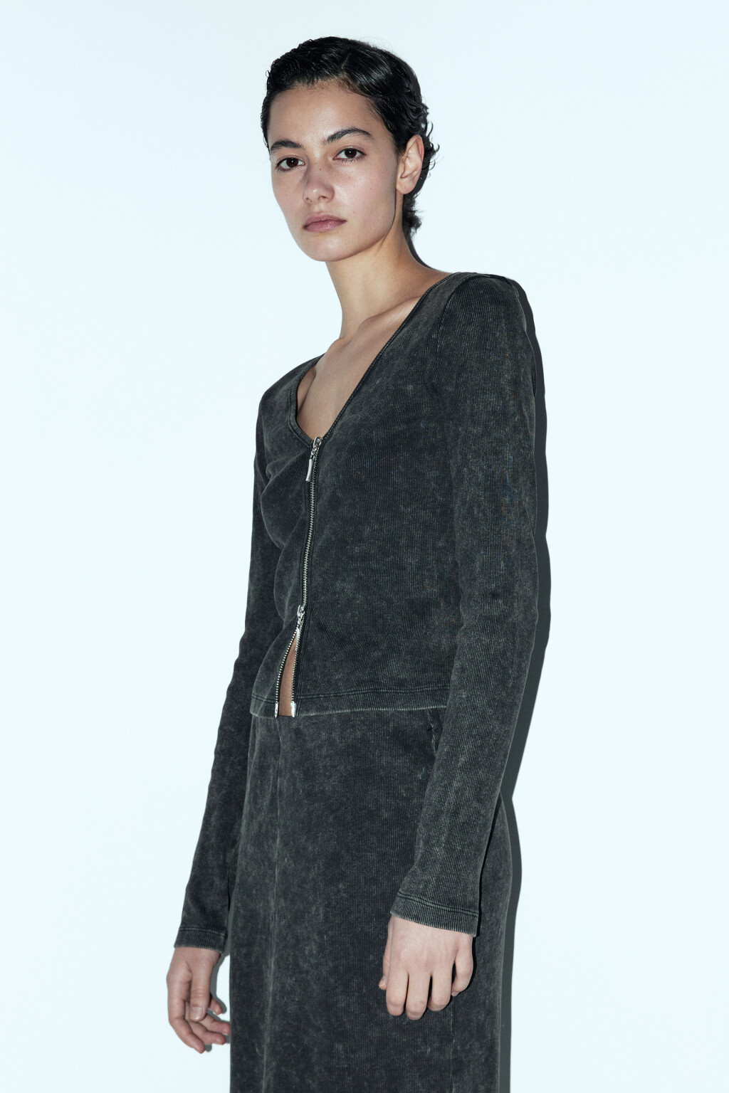 Лонгслив на молнии облегающий со стиркой - цвет серый - 3