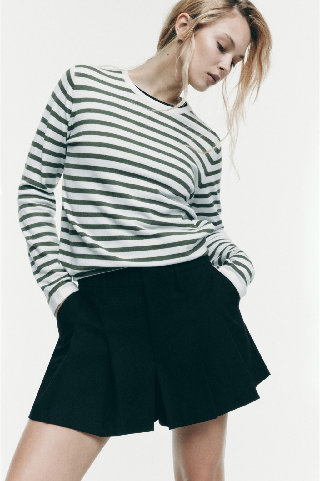 Джемпер тонкой вязки свободный в полоску - цвет зеленый - 1