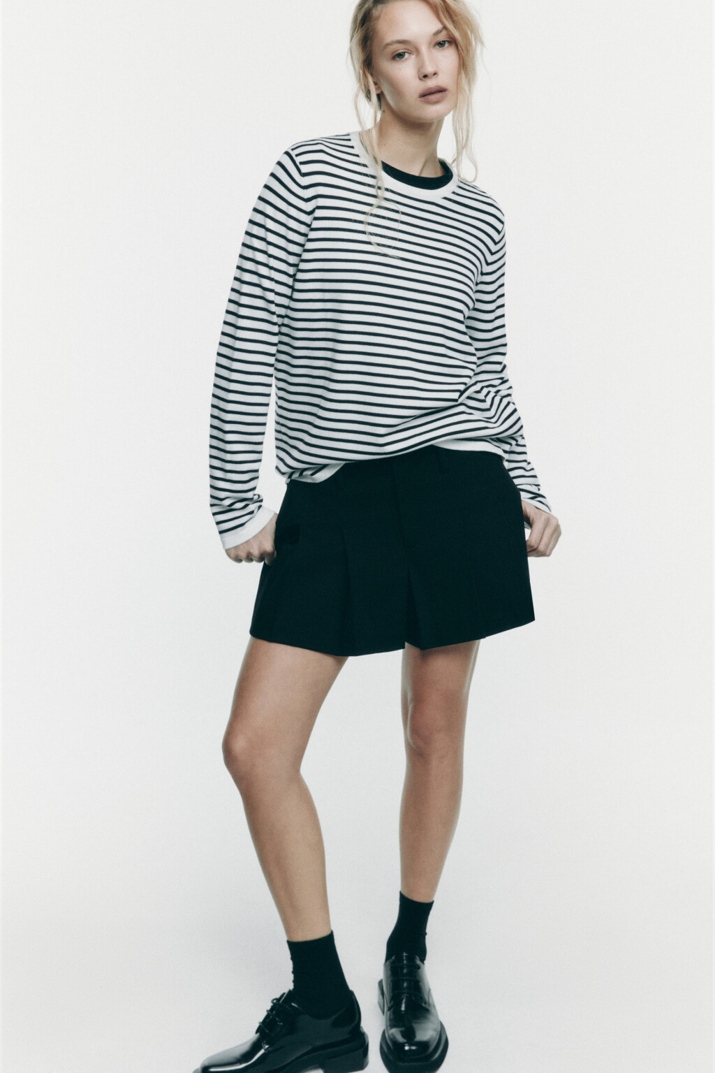 Джемпер тонкой вязки свободный в полоску - цвет белый - 1