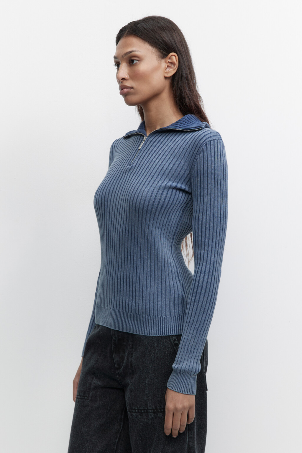 Джемпер в рубчик с воротником на молнии - цвет синий - 2