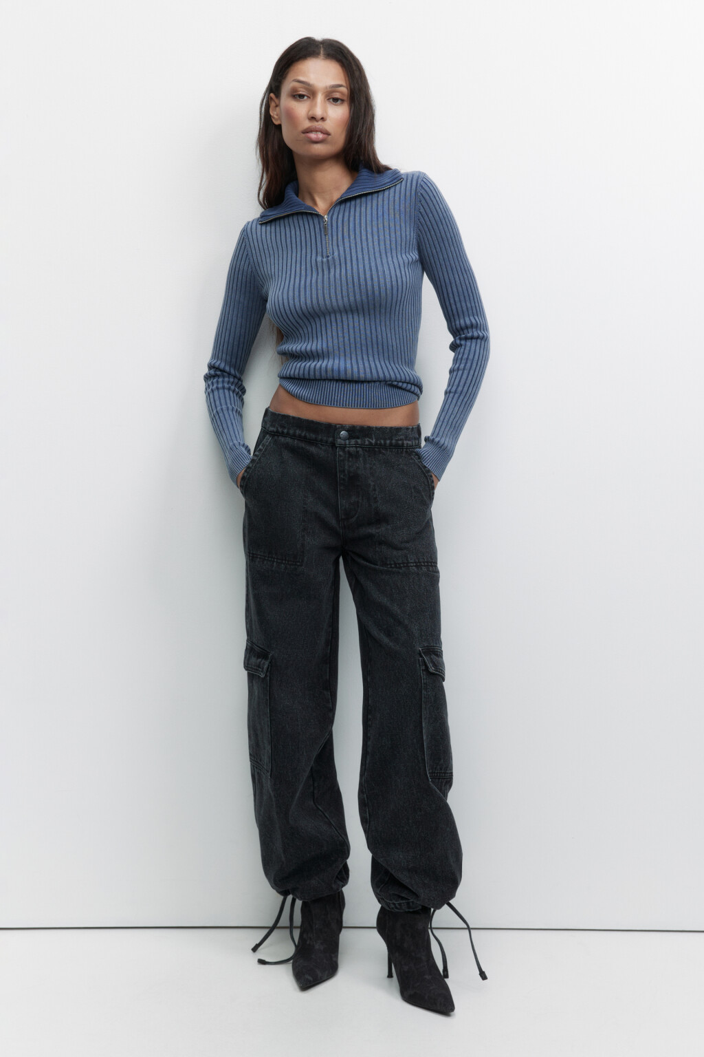 Джемпер в рубчик с воротником на молнии - цвет синий - 4