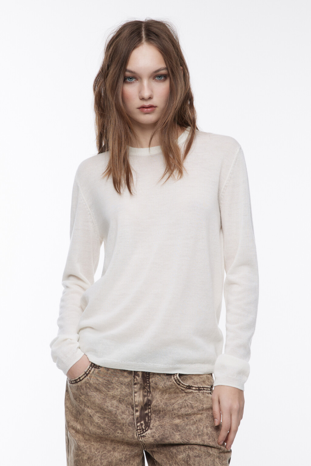 Джемпер тонкой вязки из шерсти мериноса - цвет молочный - 2