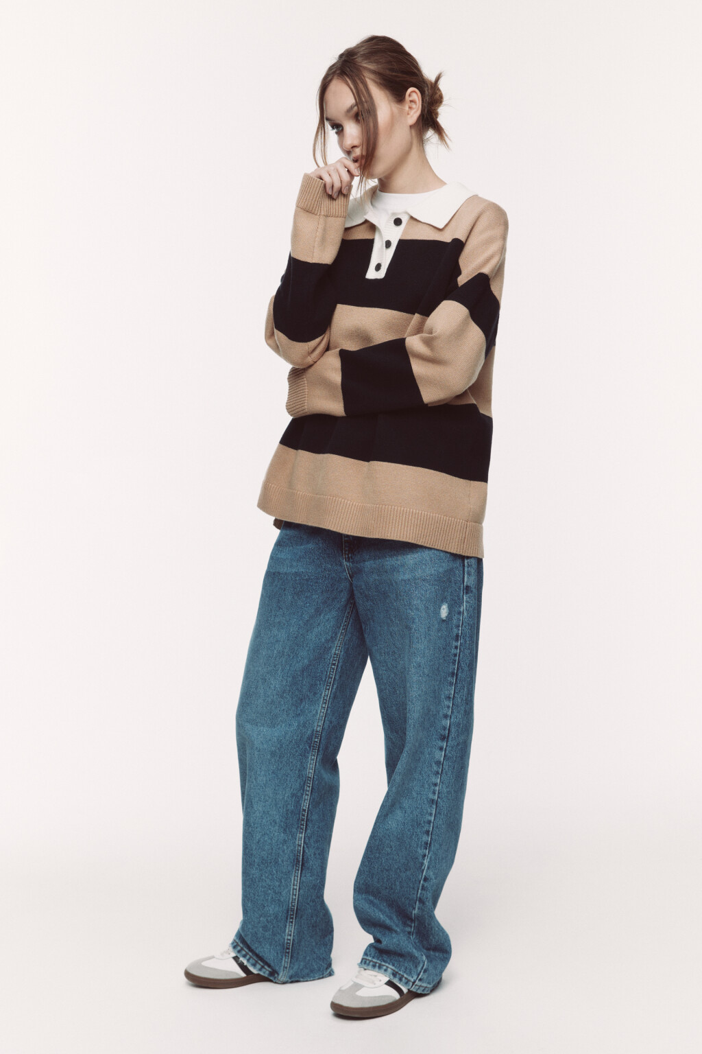 Джемпер-поло вязаный в полоску - цвет бежевый - 1