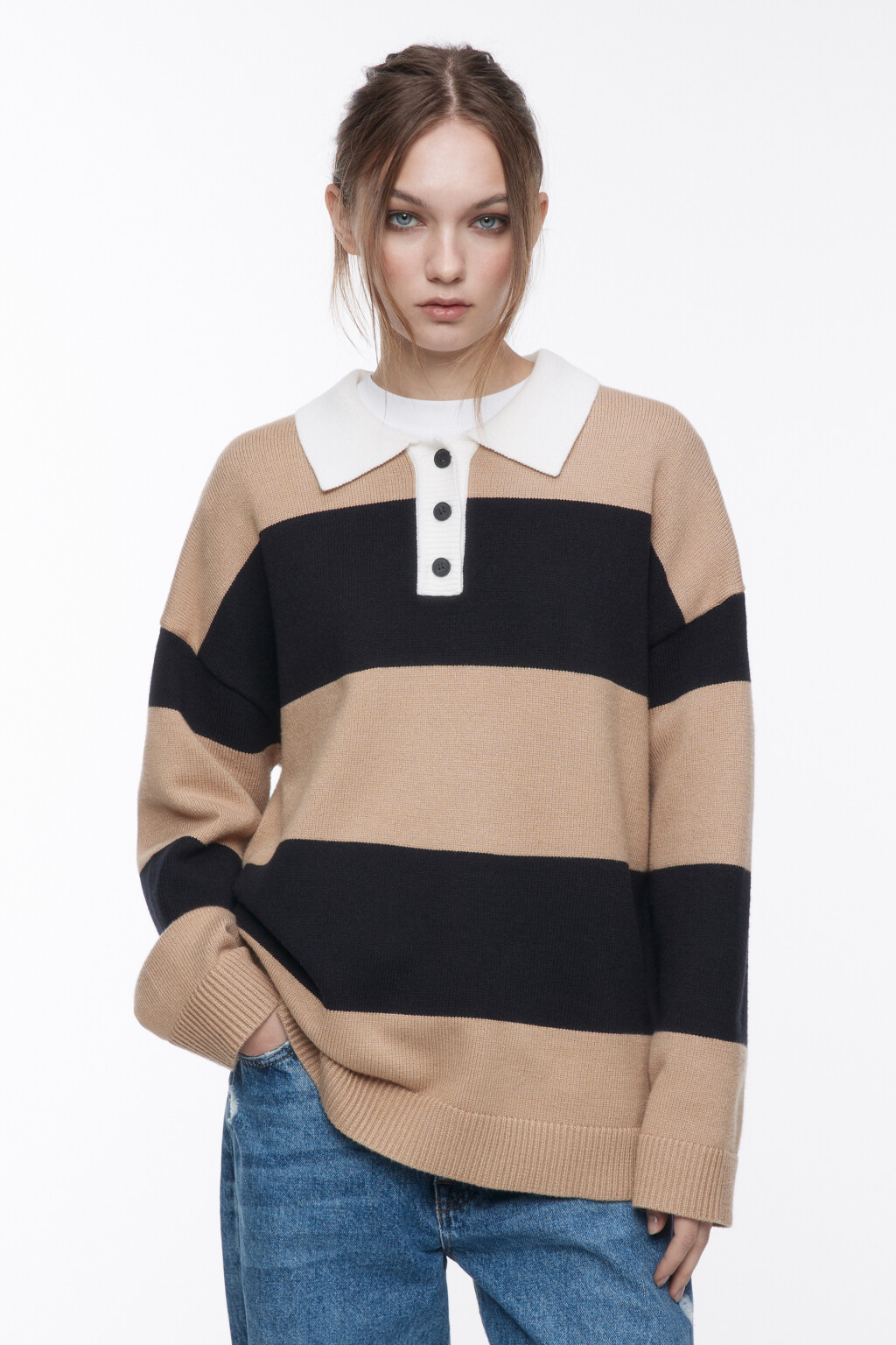 Джемпер-поло вязаный в полоску - цвет бежевый - 2